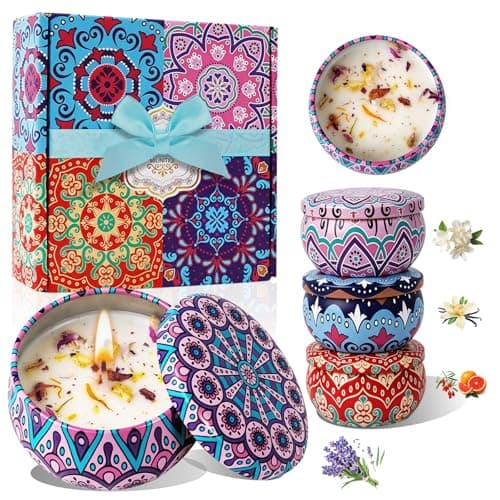 4 Pack Scented Candles for Women Gift- 8% Essential Oil Aromatherapy Candle Set, 50H Long Lasting Natural Soy Wax Candles, Travel Tin Gift Box for Stress Relief Spa Yoga Birthday Housewarming