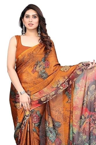 Bhuvik Creations Women's Floral Printed Saree, Multicolor, Chiffon, Casual and Festive Wear (Dusty Orange, Turquoise)
