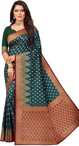 AD CREATION Women’s Banarasi Silk Saree with Golden Zari Border Elegant Festive & Wedding Wear with Unstitched Blouse Piece (Rama & Red)