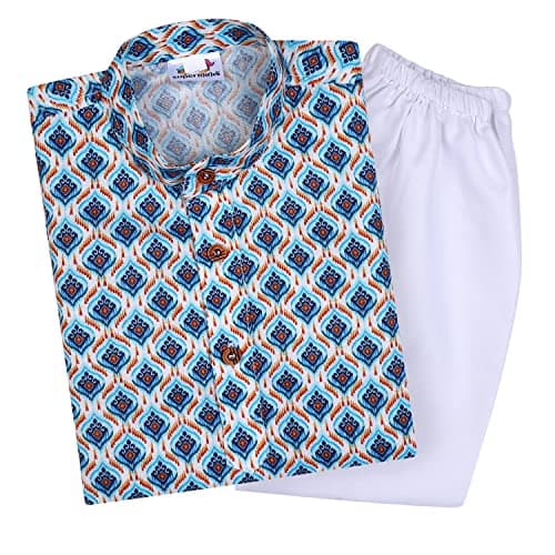 Superminis Baby Boys Printed Cotton Kurta With White Pyjama Dress (6-7 Years, Blue)