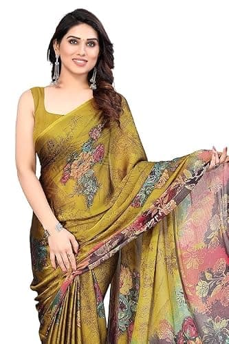 Bhuvik Creations Women's Floral Printed Saree, Multicolor, Chiffon, Casual and Festive Wear (Mustard, Teal)