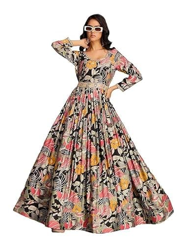 Women’s Vatican Print Dress with Hand Embroidery | Anarkali Style Long Dress for Party & Festive Wear (US, Alpha, Medium, Regular, Regular, Black)