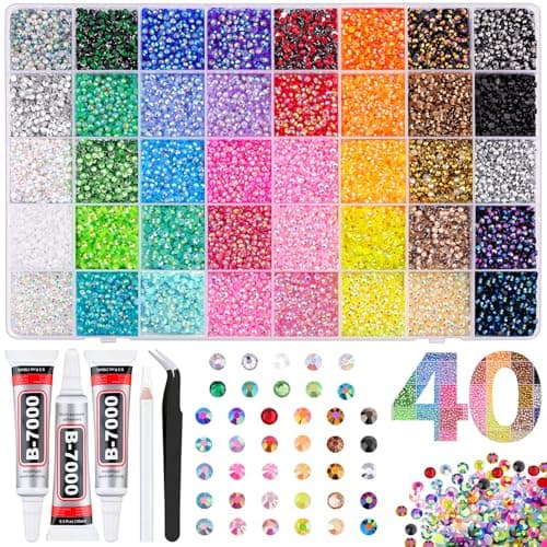 50000Pcs 40 Colors Jelly Rhinestones for Bedazzling, 3mm Multicolor Resin Flatback Gems for Diamond Art, Bedazzler Kit with 3Pcs 10ml B7000 Jewelry Glue for Bedazzle Thing Crafting Book Nail Art
