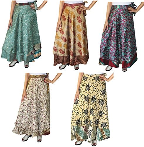 Maple Clothing Women's Indian Vintage Sari Skirts Magic Wrap Around Long Silk Boho Two Layers Multicolored Wholesale 5 Pcs Lot
