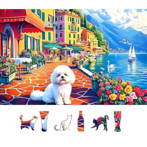PuzzOne 500 Pieces Puzzles for Adults, Lakeside Town - Seaside City Cafe with Dog Clearance Jigsaw Puzzle for Party Game Family Decoration Gifts, Finished Size 23" x 15"